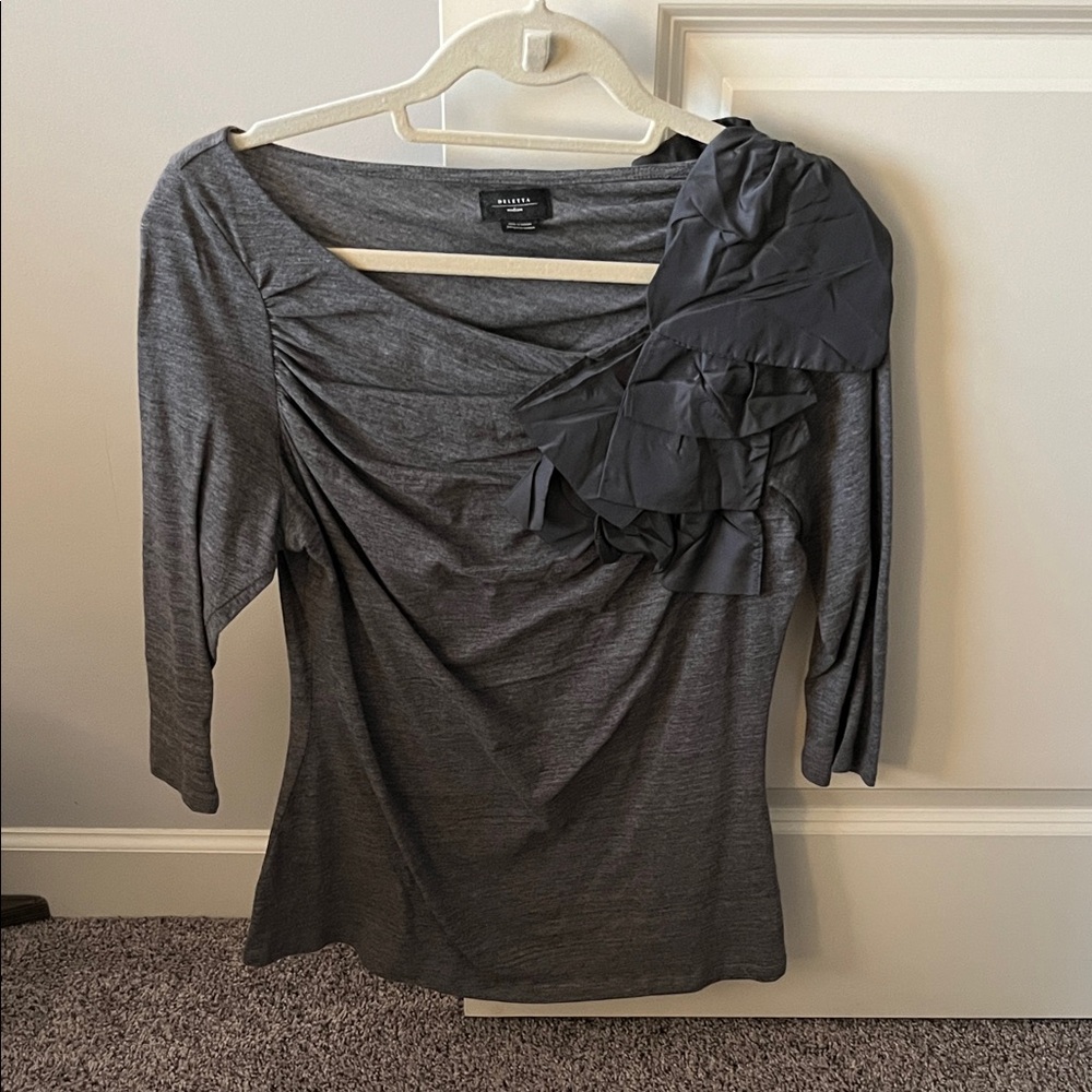 Anthropologie Gray Blouse with Ruffle Detail